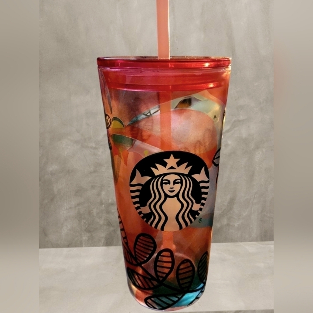 Starbucks Peach Rare 2020 Embossed Foil Floral Glass Cold Cup Tumbler 18oz